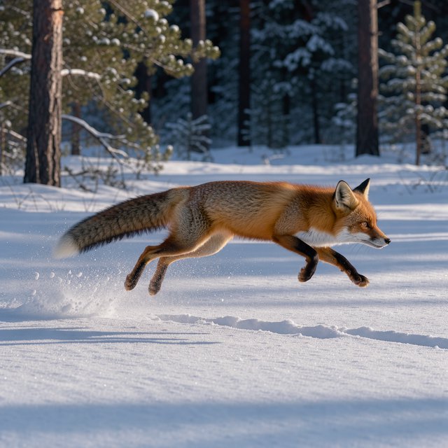 A red fox springs through powdery snow at the edge of a pine forest, ears forward and paws suspended. A real-world wildlife telephoto photograph in pale dawn light, 300mm lens, with snow crystals frozen midair. — Model 1