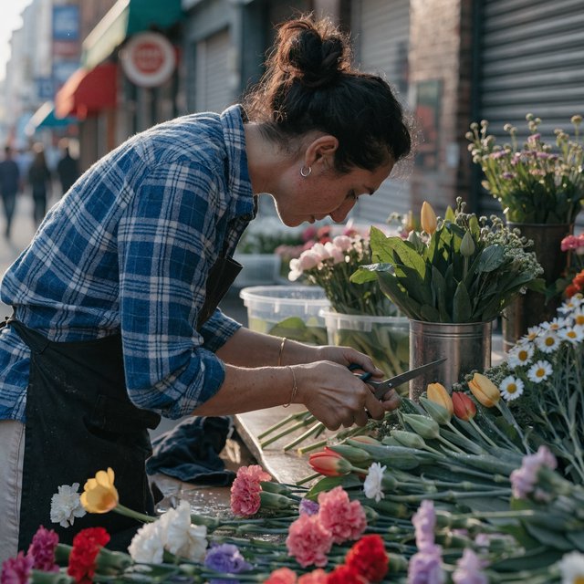 Candid documentary photograph of an adult florist arranging loose stems at an outdoor market stall, soft early-morning side light, 50mm lens with shallow depth of field, tiny water droplets beading on the cut leaves. — Recraft v4 Pro