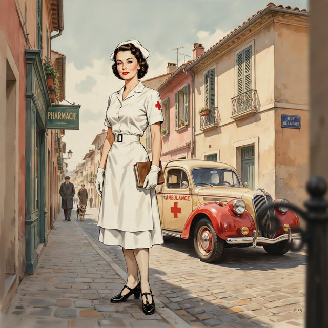 A digital illustration depicts an attractive vintage-style nurse with fair skin and dark, curly hair styled in waves reminiscent of past decades. She wears red lipstick, a white nurse's cap, a uniform, and a cross emblem on her sleeve. A classic European street scene featuring an ambulance and old buildings forms the background. — Ideogram v4