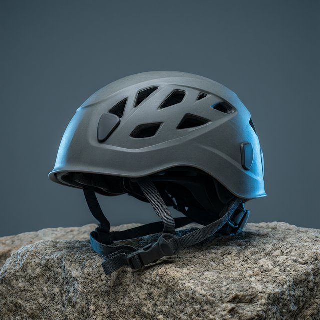 Against a muted slate backdrop, an unbranded climbing helmet with a matte recycled-polymer shell and woven nylon straps rests on rough granite; broad diffused key light and a cool rim light shape this commercial product image, with no lettering. — Qwen Image 3.0