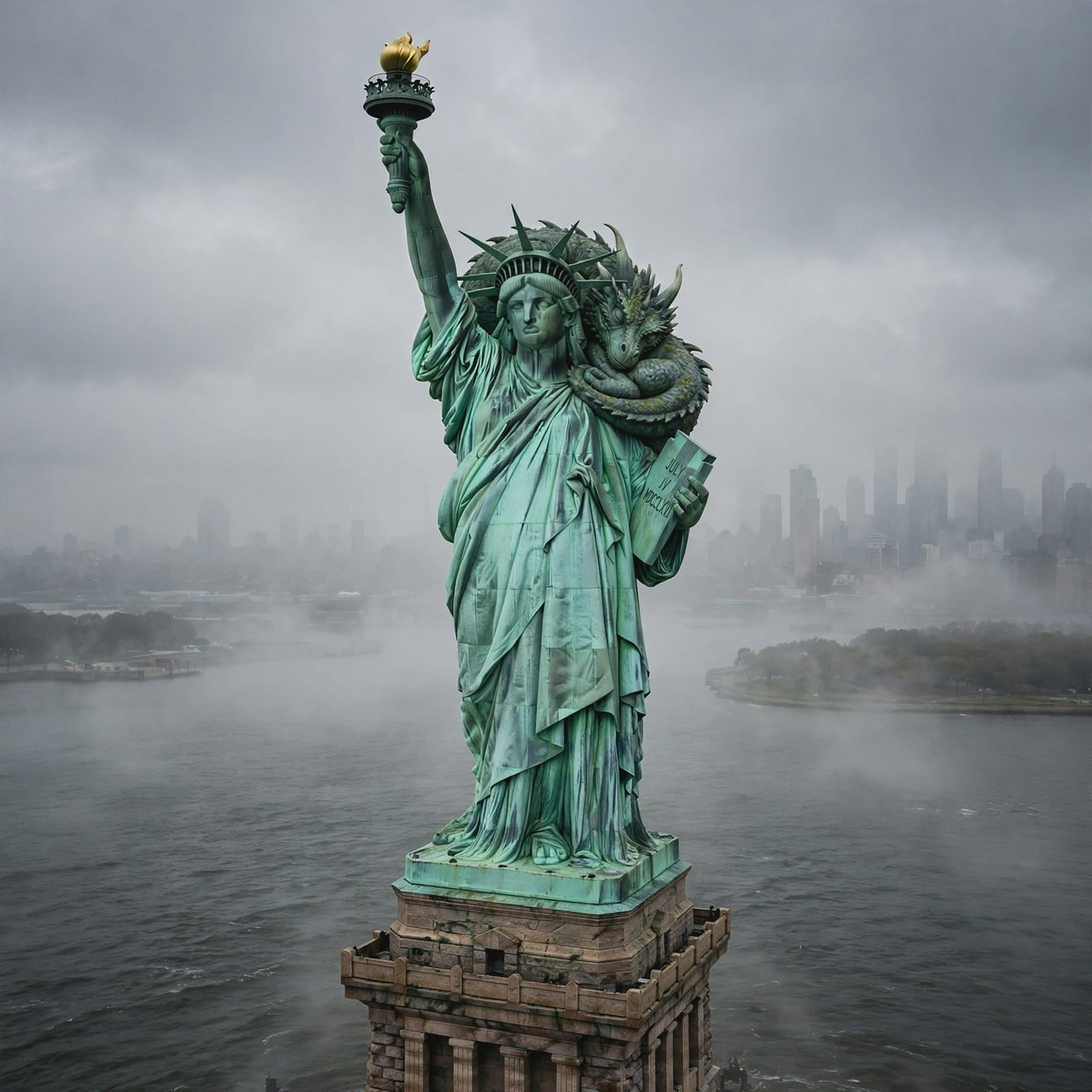 A dragon sleeping on the Statue of Liberty on a moody, overcast day. — Muse Image 1.0