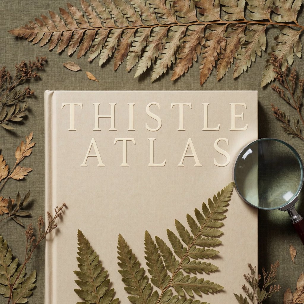 Pressed fern fronds, seed pods, and a magnifying lens frame a naturalist’s field-guide book cover on moss-green cloth; “THISTLE ATLAS” spans the upper third in hand-cut ivory serif capitals, with no other legible writing. — Krea 2 Medium