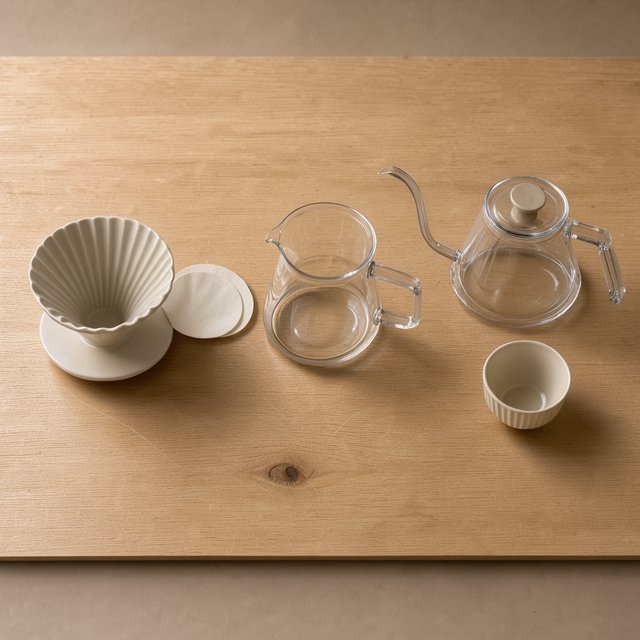 From directly overhead, an unbranded pour-over coffee set with ribbed porcelain and clear borosilicate components arranged in sequence on pale oak; warm taupe background, broad diffused softbox light and gentle side fill shape this commercial product image, no lettering. — Model 2