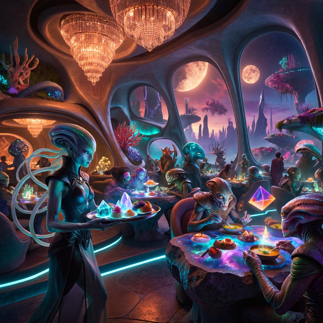An alien restaurant on a strange planet. The interior is well lit, but the décor is very strange and out of this world. Alien waitresses are bringing in platters of food. Alien diners are eating very unusual dishes. — ImagineArt 2