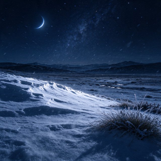 Moonlight washes a snowbound high plateau beneath sharp stars, while dry flurries cross the midnight air; frost feathers the foreground tussocks, and dark, rolling ridgelines recede into a blue-black distance. — Seedream 5.0 Flash