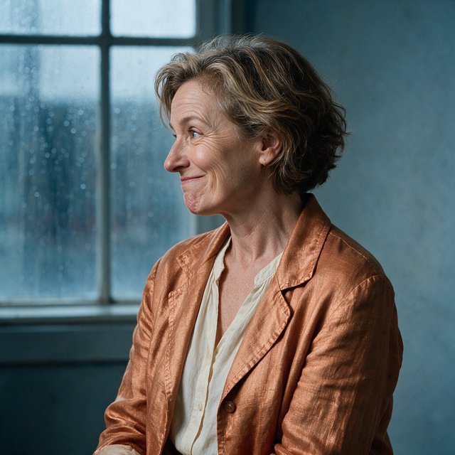 By a rain-streaked studio window, an adult woman in her early 60s turns in profile for a portrait photograph, wearing a copper-colored linen jacket over a cream cotton blouse. Her quietly amused expression rests against a muted blue-gray wall, shaped by cool, soft window light. — Seedream 5.0 Pro