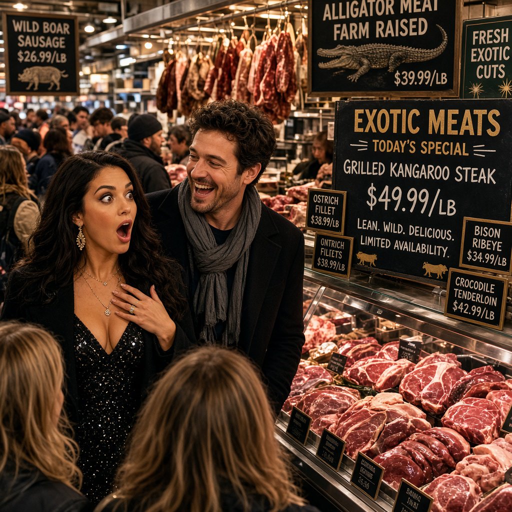 Glamorous adult couple browsing an exotic meat market. The woman has a look of pure surprise at what is on sale. The man just laughs at her reaction! The market is busy and well lit. — Grok Imagine Image 2