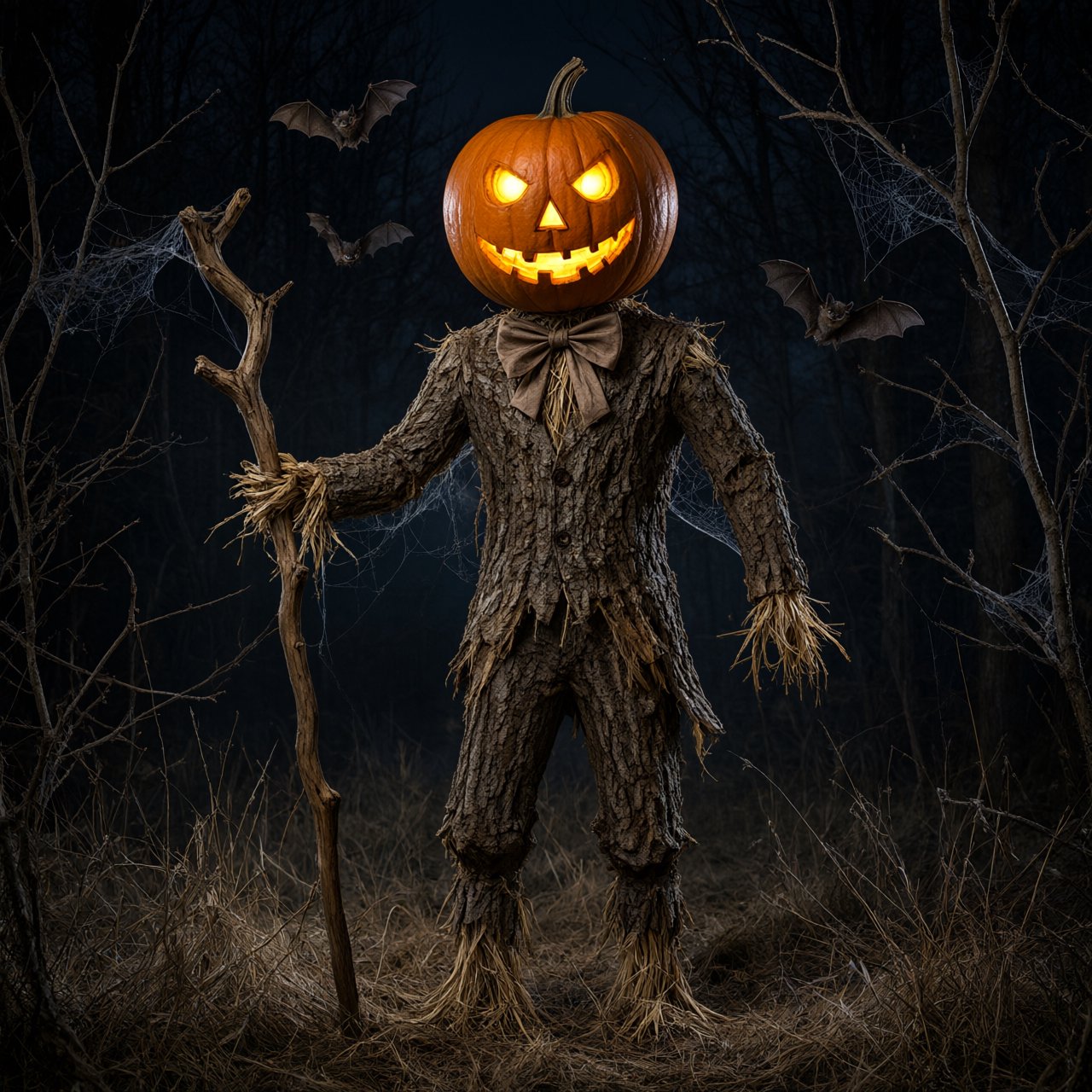 Chiaroscuro contrast, inner-lit glows, dense central detail fading into haze and velvety darkness. A pumpkin-headed scarecrow with a jack-o-lantern face, glowing eyes, stitched grin, bow tie, bark torso, and wooden staff stands in a night forest clearing with dry grass, cobwebs, bats, bare branches, — Qwen Image 3.0 Pro