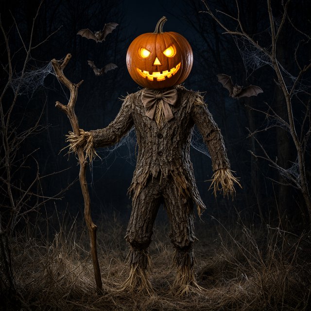 Chiaroscuro contrast, inner-lit glows, dense central detail fading into haze and velvety darkness. A pumpkin-headed scarecrow with a jack-o-lantern face, glowing eyes, stitched grin, bow tie, bark torso, and wooden staff stands in a night forest clearing with dry grass, cobwebs, bats, bare branches, — Model 17