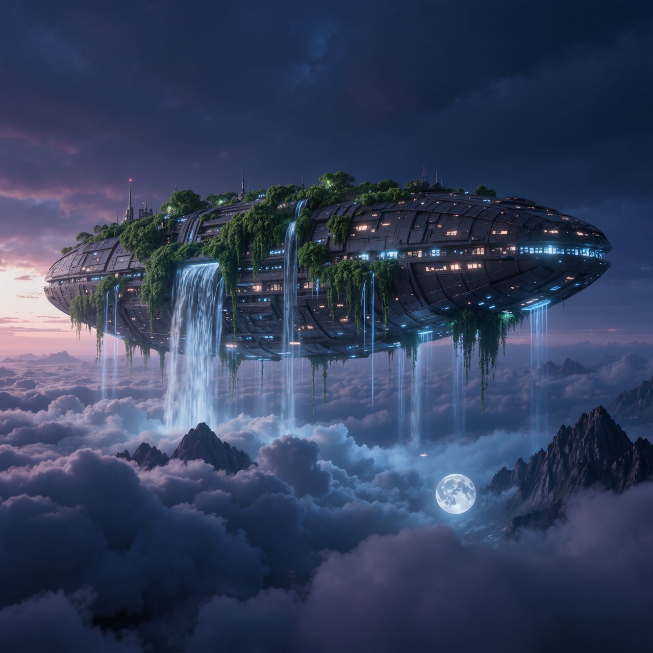 A colossal floating archive-ship drifts above storm clouds, its bronze hull wrapped in hanging gardens and luminous windows, while waterfalls spill into the sky. Distant mountain peaks pierce the cloud sea beneath a violet sunset and cold silver moonlight. — Kling v3 Omni