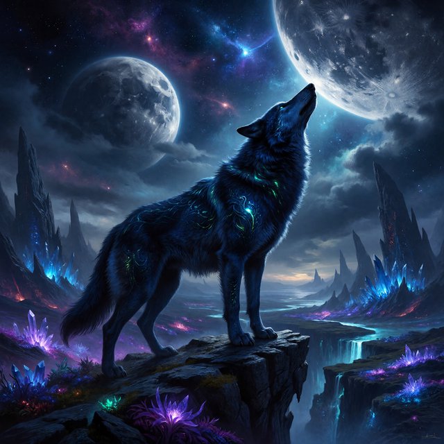 A solitary wolf, its fur subtly infused with shimmering, bio-luminescent patterns, howling at a sky filled with twin moons. The wolf stands on a cliff overlooking a vast, alien landscape dotted with strange, glowing rock formations and spectral, phosphorescent vegetation. — ImagineArt 1.5 Pro