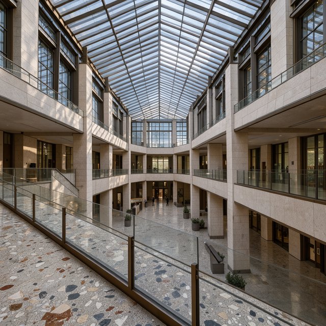 A soaring civic atrium in contemporary Italian Rationalist style pairs pale travertine, bronze mullions, and terrazzo beneath a glazed roof; cool morning light falls from above, viewed from a mezzanine, with aligned bays and credible supports. — FLUX 3 Image Klein