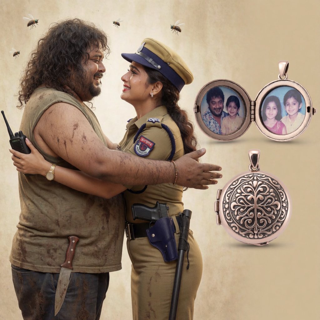 A reunion of long-lost brother and sister, as depicted in Bangladeshi films. The brother is now a thug, he is overweight, with badly cut, long, curly hair. He wears a sleeveless T-shirt. A large knife peeks out of his trousers. His arms open wide to hug his sister. He stinks. So a few flies hover around his head. His sister, typically the film heroine, and therefore very attractive. But she's a cop wearing a cap and body-fitting khaki police dress. A gun in her holster, a baton by her belt, plus a walkie talkie in her one hand. Her arms are also open wide to hug the brother. Both are tearful. They must be placed on one side of the image. On the other side of the image, we place some products from the film that we want to sell: A circular locket that is open like a book, with childhood pictures of the brother and the sister on two sides. Below this open locket, we show a closed locket. Add text: Exclusive reunion lockets on sale. — Krea 2 Medium