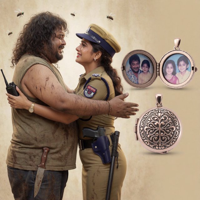 A reunion of long-lost brother and sister, as depicted in Bangladeshi films. The brother is now a thug, he is overweight, with badly cut, long, curly hair. He wears a sleeveless T-shirt. A large knife peeks out of his trousers. His arms open wide to hug his sister. He stinks. So a few flies hover around his head. His sister, typically the film heroine, and therefore very attractive. But she's a cop wearing a cap and body-fitting khaki police dress. A gun in her holster, a baton by her belt, plus a walkie talkie in her one hand. Her arms are also open wide to hug the brother. Both are tearful. They must be placed on one side of the image. On the other side of the image, we place some products from the film that we want to sell: A circular locket that is open like a book, with childhood pictures of the brother and the sister on two sides. Below this open locket, we show a closed locket. Add text: Exclusive reunion lockets on sale. — Model 12