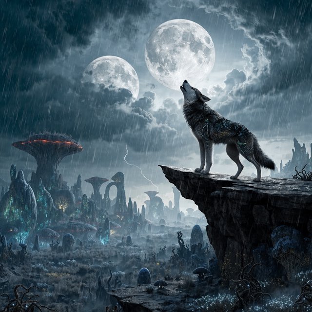 A solitary wolf, its fur subtly infused with shimmering, bio-luminescent patterns, howling at a sky filled with twin moons. The wolf stands on a cliff overlooking a vast, alien landscape dotted with strange, glowing rock formations and spectral, phosphorescent vegetation. — Recraft v4 Pro