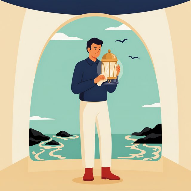 Flat-vector illustration of an adult lighthouse keeper polishing a brass lantern in a windswept tower, gulls circling beyond the glass and foam tracing black rocks below. Palette of sea-glass green, cream, vermilion, and navy. — Ideogram v4.5