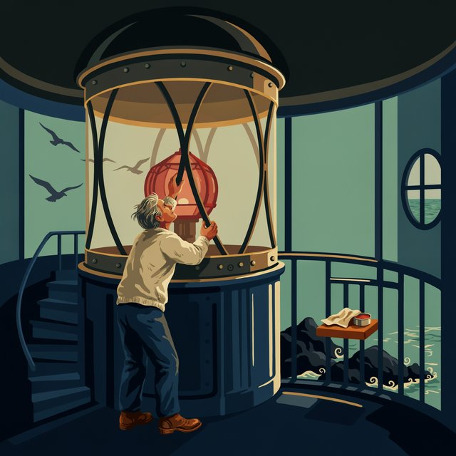Flat-vector illustration of an adult lighthouse keeper polishing a brass lantern in a windswept tower, gulls circling beyond the glass and foam tracing black rocks below. Palette of sea-glass green, cream, vermilion, and navy. — Ideogram v4