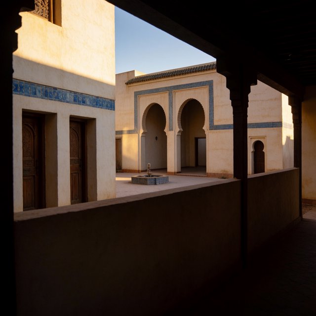 From a shaded courtyard entrance, Moorish Revival residences enclose a tiled fountain court, with cream stucco, carved cedar doors, and blue ceramic bands; late sunlight filters through arcades, revealing aligned walls and credible supports. — Krea 2 Medium