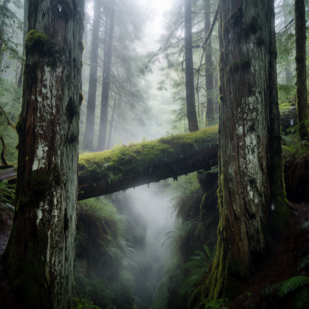 Between cedar trunks, a moss-covered fallen giant bridges a fern-filled ravine in steady dawn drizzle; shredded bark, rain-dark lichen, and tiny rivulets stand crisp nearby while successive trees dissolve into green mist. — Krea 2 Medium