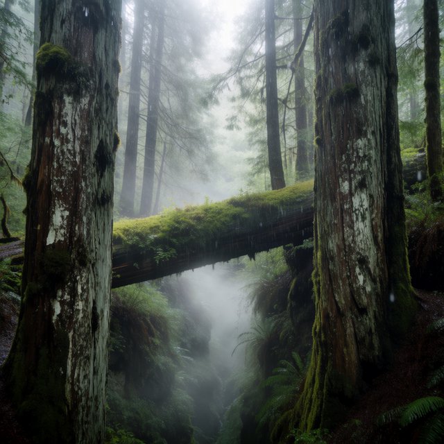 Between cedar trunks, a moss-covered fallen giant bridges a fern-filled ravine in steady dawn drizzle; shredded bark, rain-dark lichen, and tiny rivulets stand crisp nearby while successive trees dissolve into green mist. — Krea 2 Medium