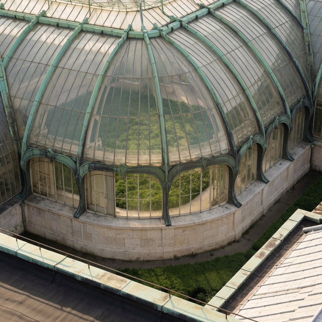 From a nearby rooftop, an Art Nouveau conservatory curves around a planted courtyard, its green copper ribs, clear glass, and pale stone base catching hazy morning light; orderly rooflines and believable supports show from above. — Krea 2 Medium