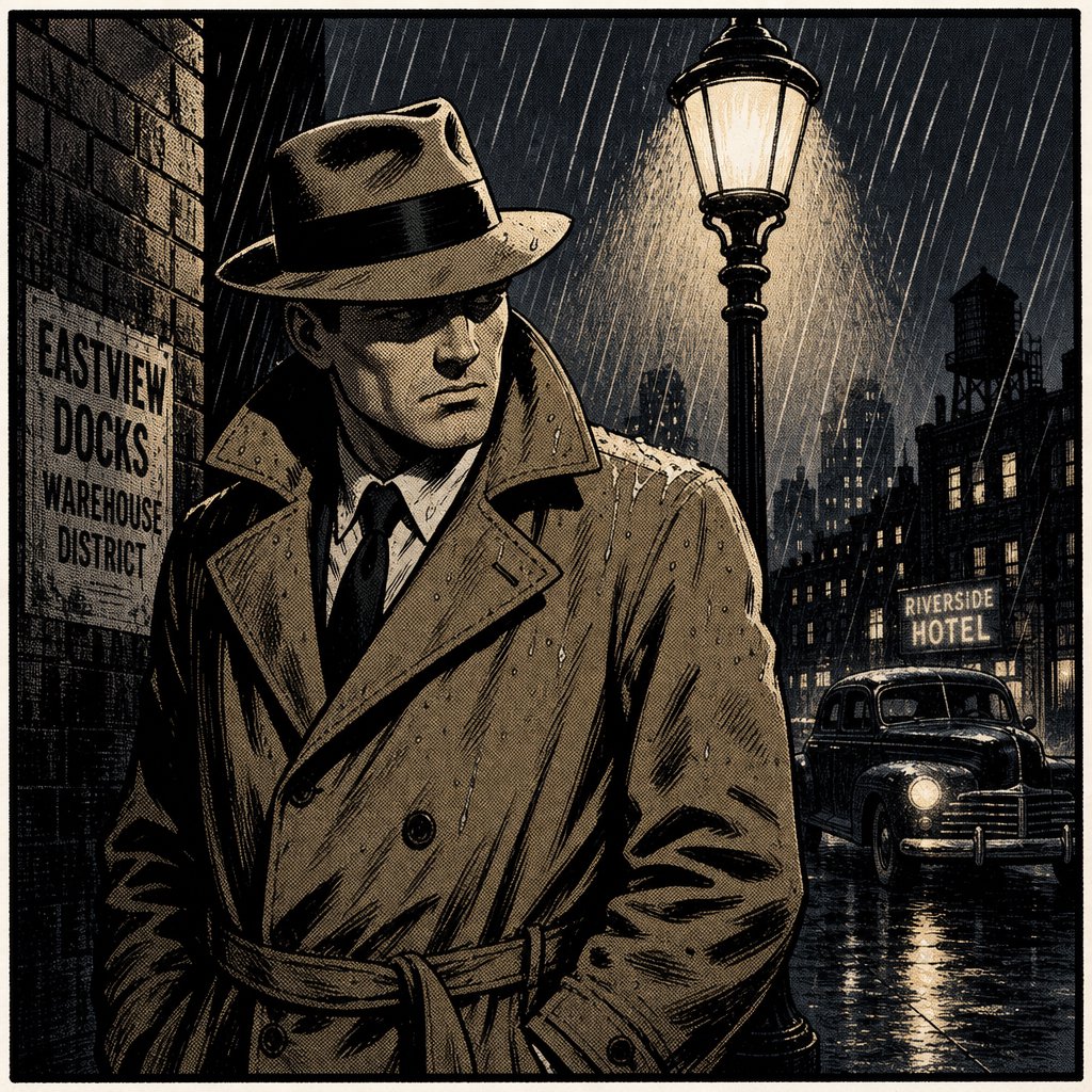 Comic panel of a detective in a trench coat under a streetlamp in the rain, bold ink, halftone shading, no speech bubbles. — GPT Image 2