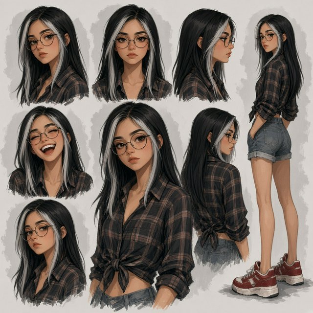 Character exploration sheet of the same woman: several bust and waist-up studies with varied expressions and 3/4 views, including one from behind, glancing over her shoulder at the viewer; one larger central portrait; and one full-length figure at the side, spanning the image height. Plain light-gray background with irregular painted edges. Character: 25-year-old Korean woman with long straight black hair and two platinum face-framing streaks from roots to ends, glasses, tipped almond eyes, Asian skin tone, plaid button-up tied at the waist, cuffed denim shorts, chunky red sneakers. Style: stylized semi-realistic digital painting; animation-inspired proportions, large eyes, strong brows, simplified but solid anatomy, painterly shape-based rendering, minimal linework, soft facial shading, angular clothing brushwork, warm luminous skin with peach/terracotta undertones and rosy cheeks/nose, sculpted hair, muted charcoal/earth palette, soft studio light, loose unfinished edges. — Model 5