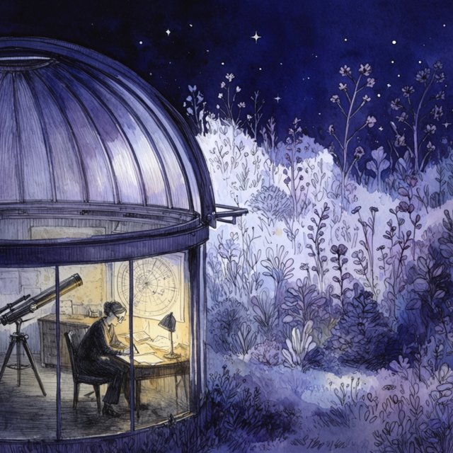 Ink-and-watercolour illustration of an adult astronomer mapping constellations from a glass-domed observatory, surrounded by brass instruments and flowering night plants. Indigo, lavender, and pale gold palette, delicate linework, serene atmospheric detail. — Krea 2 Large