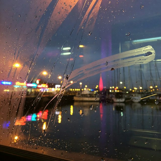 Raindrops crawl down a bus shelter pane, warping blurred harbor lights beyond. A handheld evening street snapshot in cool sodium glow, shot at 50mm with shallow depth of field, catches tiny water trails and a faint wipe mark. — Grok Imagine Image Quality