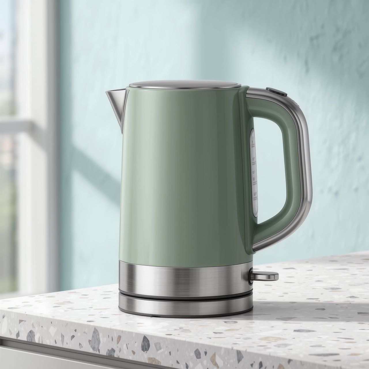Commercial product photograph of an unbranded electric kettle made from matte sage ceramic and brushed stainless steel, resting on a white terrazzo surface against a pale blue background, with soft window light from the left and a delicate grounding shadow. — Kling v3 Omni