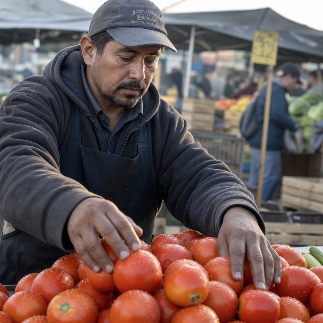 Candid documentary photograph of an adult market vendor arranging ripe tomatoes at an outdoor produce stall, cool early-morning side light, 50mm lens with shallow depth of field, condensation droplets beading on the tomato skins. — GPT Image 2