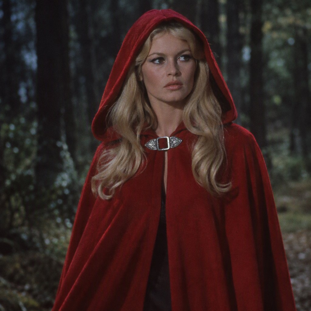 Medium shot at eye level: 1960s vintage film aesthetic. An adult woman with long, blonde hair walks alone through a dark forest. She wears a red hooded cloak, with the hood pulled up and fastened at the neck by a silver buckle. Photorealistic 1960s Technicolor film grain; soft, shallow depth of field. — GPT Image 2.5 Flare