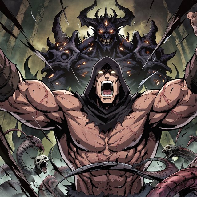 A colossal muscular berserker erupts in a primal roar, framed from the waist upward at a dramatic low angle. His head tilts back, glowing ivory eyes fixed upward, mouth stretched impossibly wide with clearly defined teeth and a cavernous dark interior. A close-fitting black hood frames his angular face, while his bare bronze-red torso displays monumental musculature, fine scars, and jagged surface fissures. Both upper arms thrust outward, elbows and hands beyond the frame, creating a broad, forceful silhouette. Behind him looms a towering obsidian demon with a crown of needlelike horns, scattered ember eyes, a serrated grin, and massive shoulders formed from twisted organic armor. Smaller snarling creatures coil across the lower foreground, their skull-like heads and hooked tendrils overlapping his waist. Razor-shaped fragments sweep diagonally through the scene, directing attention toward his illuminated face and chest. A ruined abyss recedes through smoky olive-green and charcoal haze. — ImagineArt 2