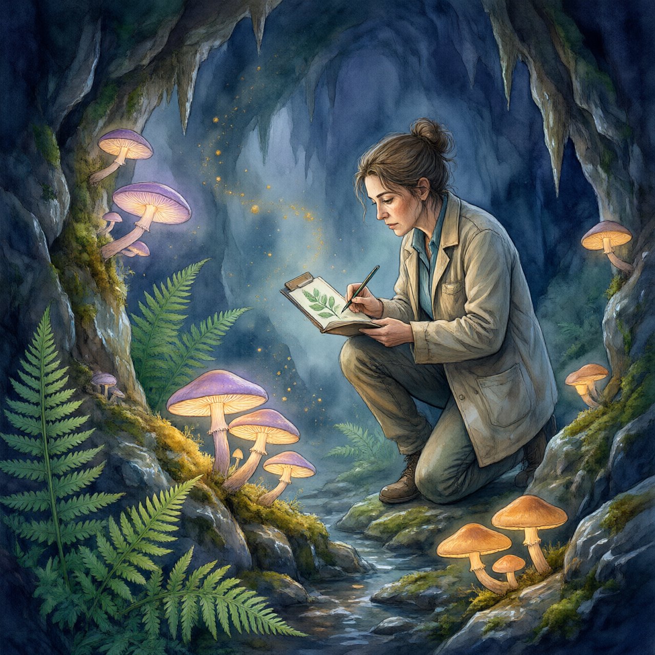 Watercolour illustration of an adult botanist studying luminous fungi in a misty cave, with fern fronds, glistening stone and drifting spores. Palette of jade, lilac, amber, and deep indigo, with translucent washes. — Qwen Image 3.0