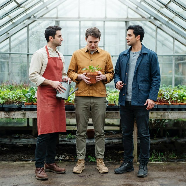 At a quiet greenhouse bench, exactly three adult botanists stand in a row: left wears a rust-red apron and holds a watering can, center wears a mustard shirt and holds a terracotta pot, right wears a navy jacket and holds pruning shears; nothing else. — Ideogram v4