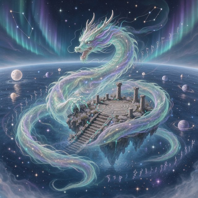 Whispers of mythic power coalesce into a spectral dragon, its form translucent and shimmering with auroral light, coiled around a floating island within a boundless celestial sea. Star-filled oceans stretch to the horizon, dotted with shimmering celestial bodies. The art style blends ethereal fantasy illustration with a subtle nod to ancient mythology, focusing on flowing lines and soft, glowing colors. The atmosphere is one of profound mystery and ancient magic. — FLUX 3 Image