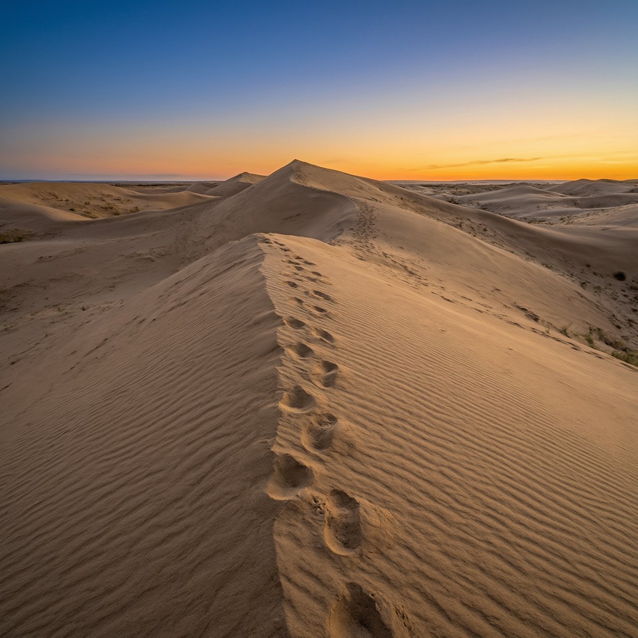 Sand dunes at sunset with wind-blown ridges, one set of footprints, deep blue sky fading to orange. — Qwen Image 3.0 Pro