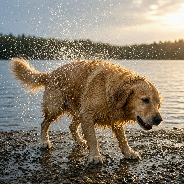 A wet golden retriever shaking off water on a lakeshore, droplets frozen mid-air, backlit by low sun, high shutter speed. — Grok Imagine Image 2
