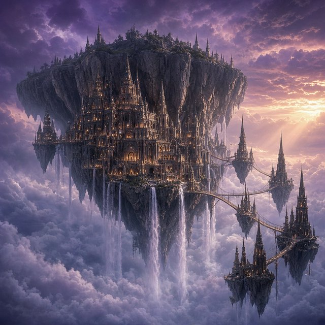 A colossal cliffside monastery hangs beneath a floating island, its waterfalls falling into luminous cloud seas. Bronze bridges connect needle towers, while dawn rays pierce violet storms and tiny windows glow above an endless abyss. — Grok Imagine Image 2