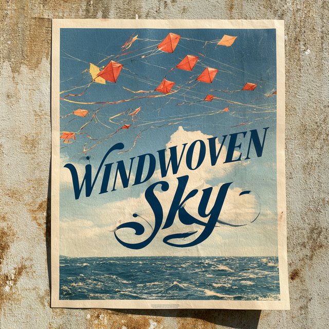 On a salt-stained seawall, a printed poster for a kite-making exhibition shows bright diamond kites sweeping above blue waves; “WINDWOVEN SKY” is screen-printed in sweeping cobalt script, with no other legible writing. — Model 13