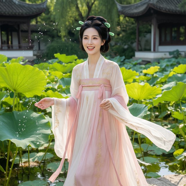 Cinematic shot, a breathtakingly stunning adult Chinese woman from ancient times playing joyfully by a crystal-clear lotus pond, mid-summer afternoon. She is wearing an exquisite, flowing silk Hanfu dress in pastel pink and white with intricate gold embroidery. Her face is porcelain-smooth, with delicate makeup, long black hair elegantly styled with jade hairpins, and a radiant, charming smile. Water droplets frozen in mid-air, sunlight filtering through lush green lotus leaves, creating dappled light on her skin. Shallow depth of field, bokeh background of traditional Chinese architecture, hyper-realistic, soft natural lighting, serene yet playful atmosphere. — Qwen Image 3.0