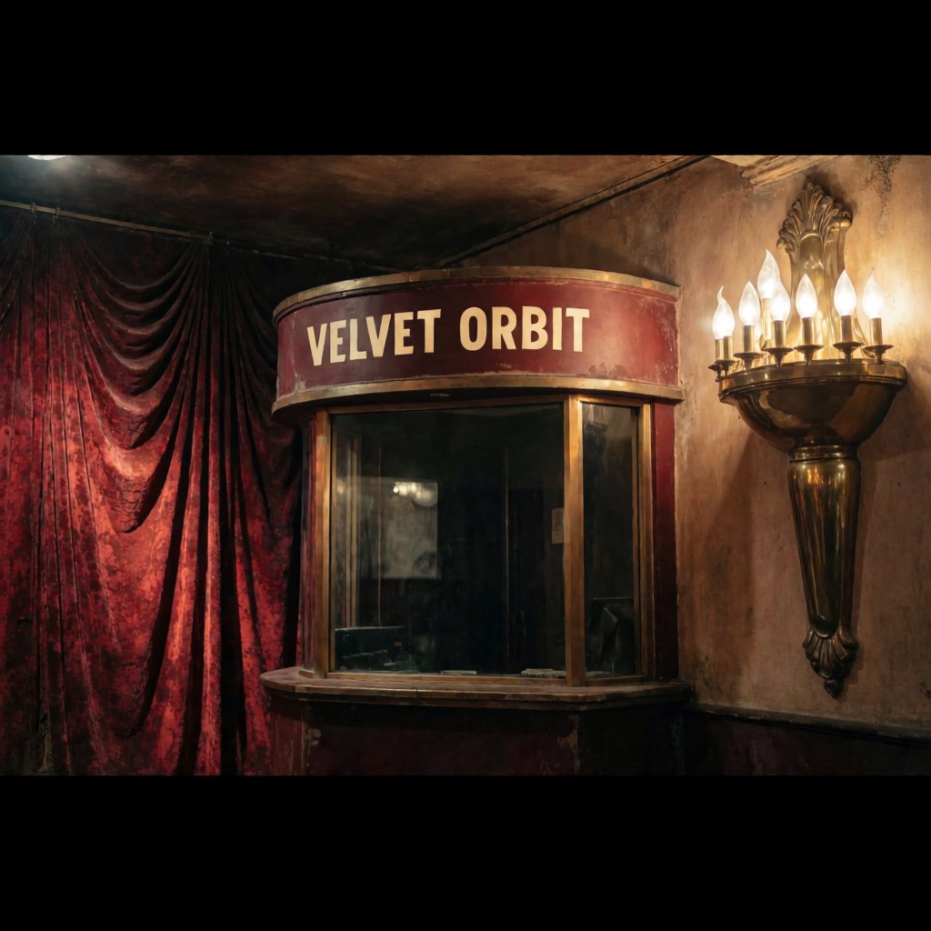 In a restored neighborhood cinema, brass sconces illuminate velvet curtains and a glass ticket booth; "VELVET ORBIT" is painted in ivory block letters across the booth’s burgundy fascia. — Krea 2 Medium