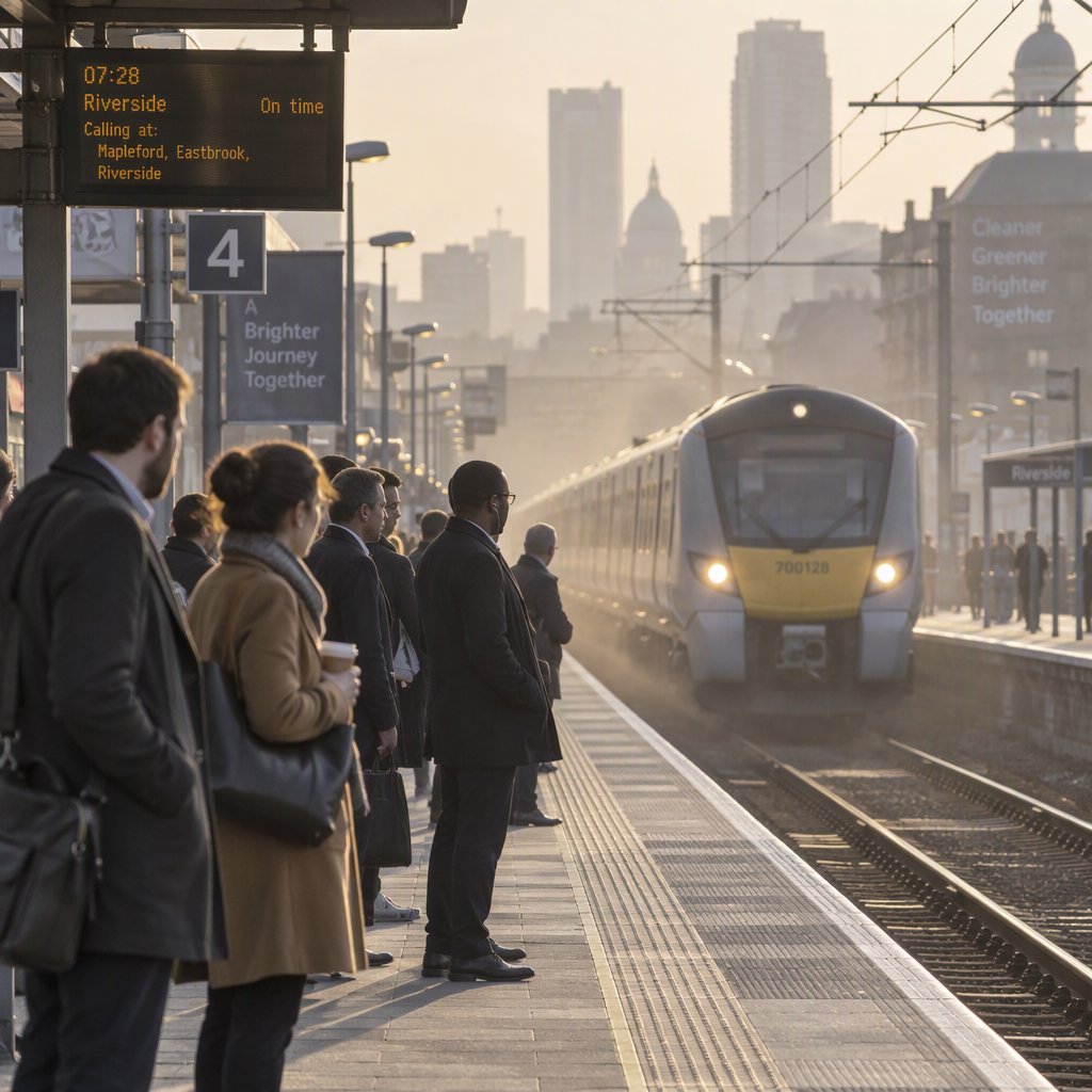 Across a broad station platform, adult commuters wait in loose clusters as a train approaches through pale dawn haze. A real-world press photograph uses a 135mm lens and deep focus; fine brake dust hangs in the sunlit air. — GPT Image 2.5 Sunburst