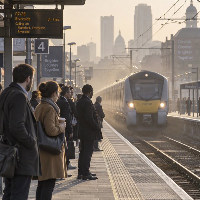 Across a broad station platform, adult commuters wait in loose clusters as a train approaches through pale dawn haze. A real-world press photograph uses a 135mm lens and deep focus; fine brake dust hangs in the sunlit air. — GPT Image 2.5 Sunburst