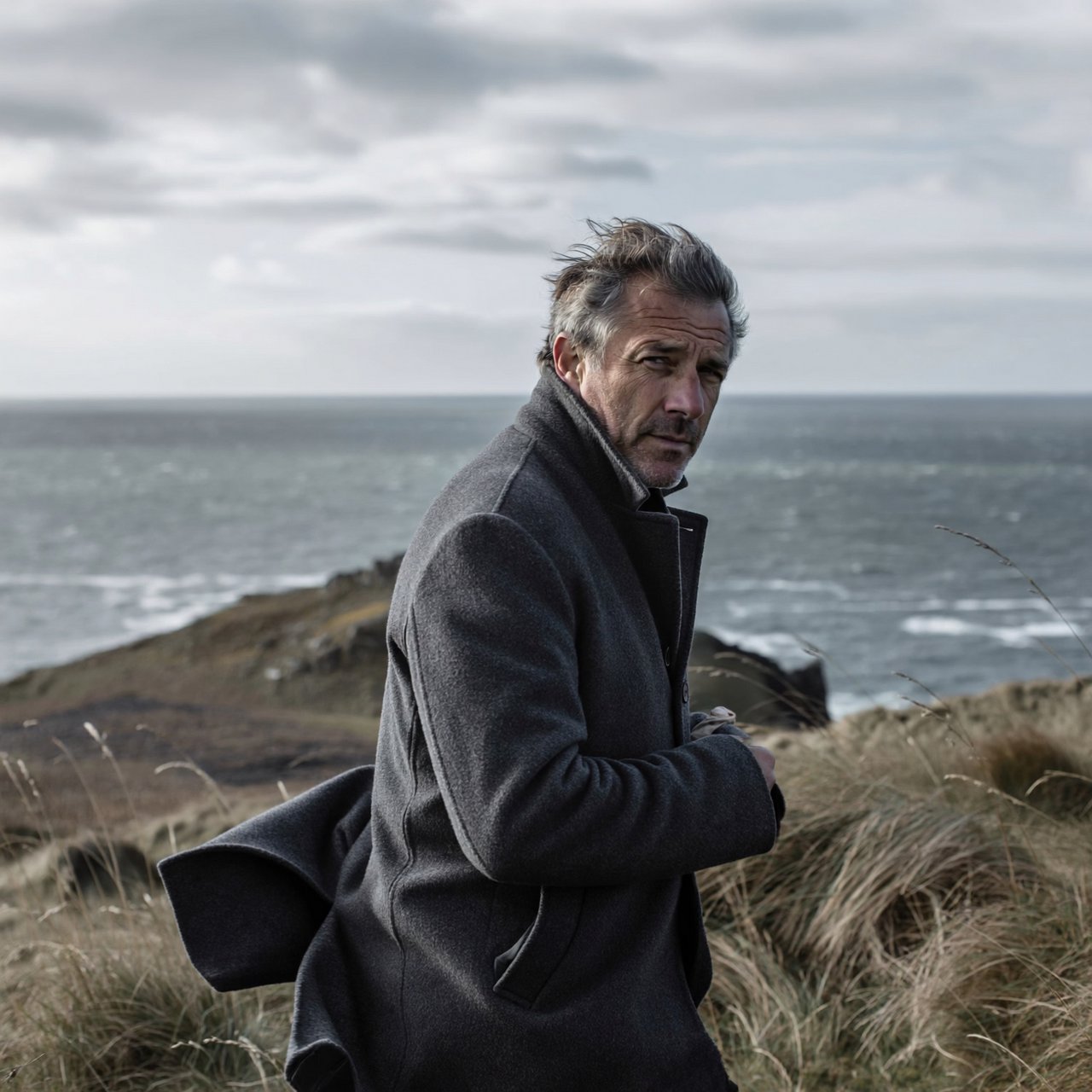 Wind lifts the hem of a charcoal wool coat as an adult man in his late 40s keeps a pensive gaze. The portrait frames him against a windswept coastal bluff beneath cool, cloud-filtered daylight. — ImagineArt 2
