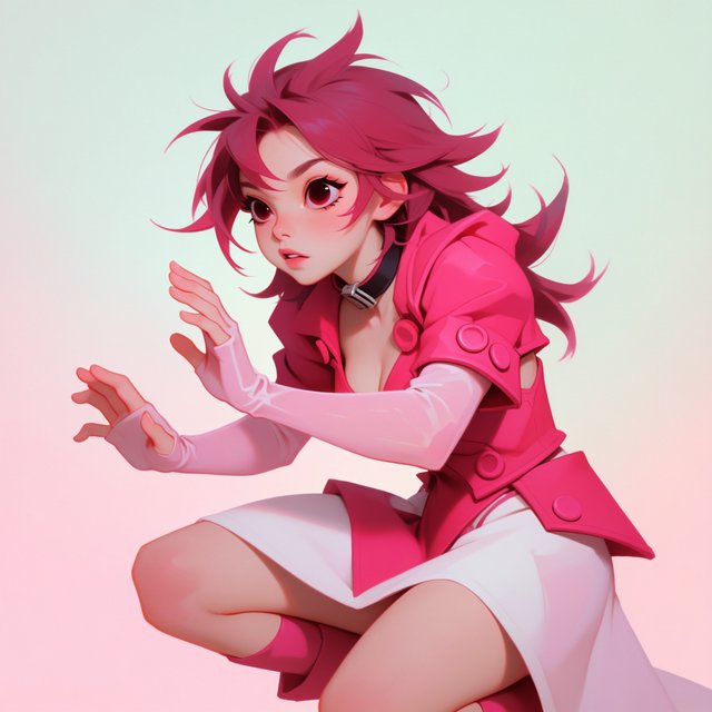 An image depicting a wild character dressed in magenta attire, an outfit, or armor. No text. A complementary pastel background. Lifestyle photography. — Krea 2 Medium