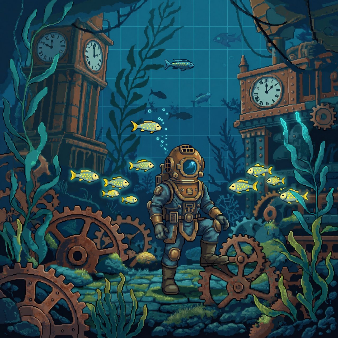 A brass-suited adult diver explores a submerged clockwork garden, where kelp curls around sunken gears and tiny fish glow in the dark; pixel art illustration, palette of teal, copper, midnight blue, and lemon yellow. — ImagineArt 2