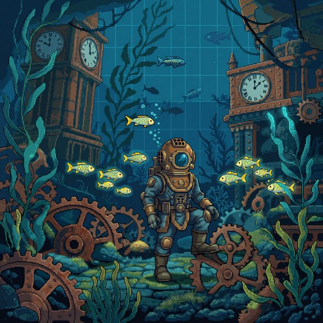 A brass-suited adult diver explores a submerged clockwork garden, where kelp curls around sunken gears and tiny fish glow in the dark; pixel art illustration, palette of teal, copper, midnight blue, and lemon yellow. — ImagineArt 2