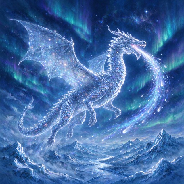 A majestic dragon made of pure starlight and frozen cosmic dust, soaring through a celestial winter landscape. Its scales shimmer with the light of a thousand galaxies, and its breath is a trail of icy comets. The background features swirling aurora borealis over a frozen, mountainous terrain. The style is a blend of painterly fantasy art and surrealism. — Seedream 5.0 Flash