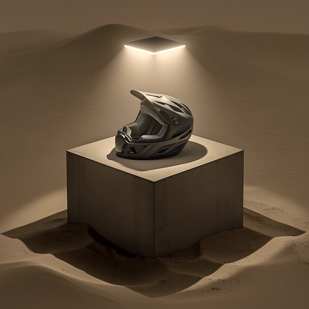 Commercial product photograph of an unbranded folding bicycle helmet made from matte charcoal polymer with soft gray padding, resting on a honed concrete plinth against a muted sand background, illuminated by a broad overhead softbox and gentle rim light. — Midjourney Niji 7